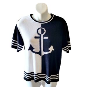 Vintage Southern Lady Black and White Nautical Anchor Acrylic Knit Sweater Sz Sm